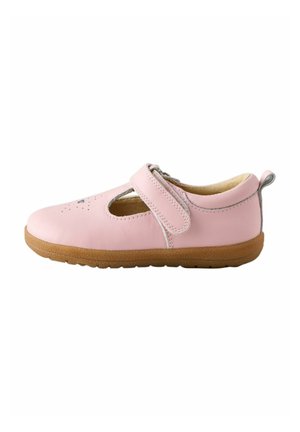 Soft pink children's shoe with brown rubber sole, Velcro strap, and small perforated heart design on top.