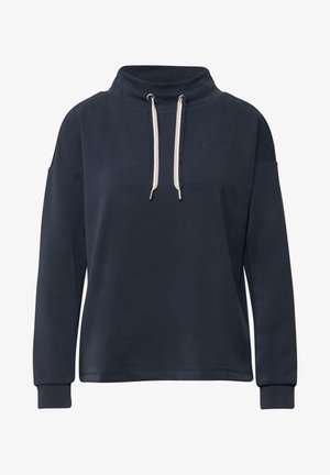 Marineblauer Pullover mit hohem Kragen, Kordelzugakzenten und langen Ärmeln. Verfügt über eine glatte Textur und eine lockere Passform.