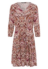 Robe à motifs avec des manches longues, décolleté en V, taille cintrée et jupe à volants. Présente un design abstrait marron, rose et blanc. Tissu léger.