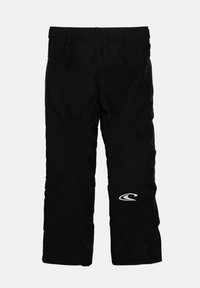 Pantalon de neige noir imperméable avec passants de ceinture et un logo blanc sur la jambe droite, conçu pour les sports d'hiver ou les activités de plein air.