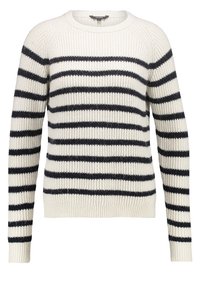 Maglione a righe in maglia con scollatura rotonda, caratterizzato da righe orizzontali alternate in navy e crema. Tessuto testurizzato con polsini e orlo a costine.
