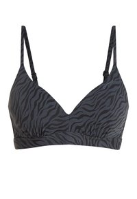 Sort og grå zebra-stribet bralette med justerbare stropper, trekantede kopper, samlet frontdetalje og en glat tekstur.