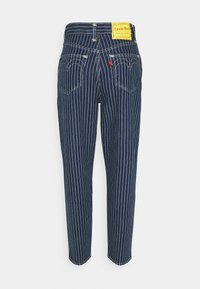 Dark blue denim jeans with light vertical stripes, curved back pockets, and a yellow Levi's Red tag on the waistband.