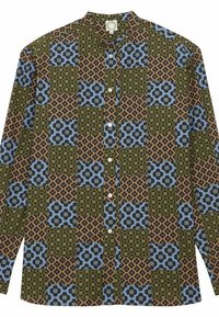 Chemise à manches longues en coton, présentant un motif géométrique multicolore avec des accents marron, vert, bleu et noir. Fermeture à boutons.