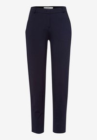 Pantaloni slim-fit blu navy realizzati in tessuto morbido, con frontale piatto, passanti per cintura e tasche laterali per un aspetto elegante.