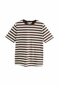 Bruine en witte gestreepte t-shirt gemaakt van zachte stof, met een ronde halslijn en korte mouwen, voorzien van evenwijdige horizontale strepen.