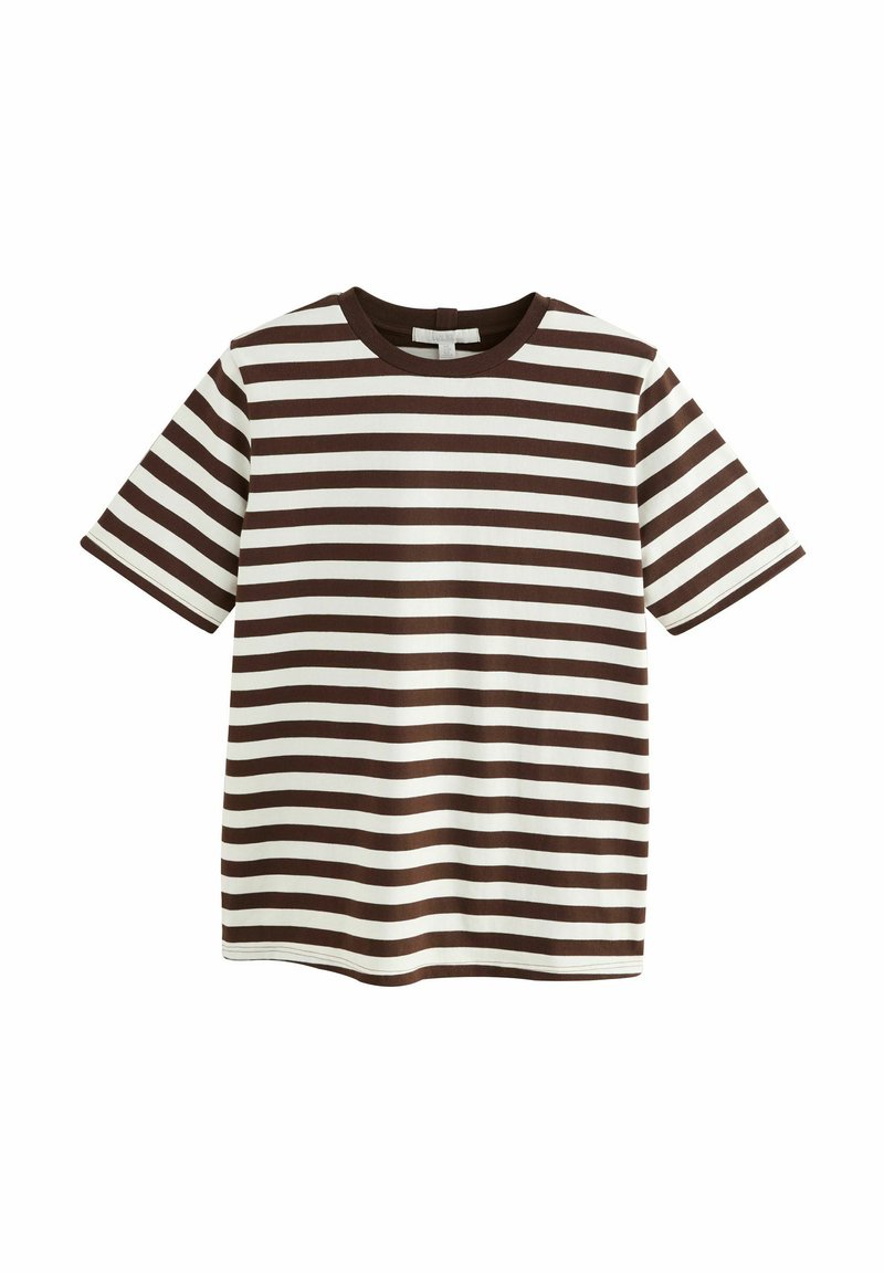 Bruine en witte gestreepte t-shirt gemaakt van zachte stof, met een ronde halslijn en korte mouwen, voorzien van evenwijdige horizontale strepen.