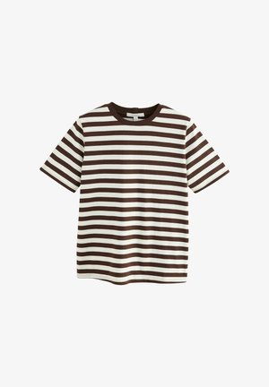 Brązowo-kremowa koszulka w paski, bawełniany materiał, okrągły dekolt, krótkie rękawy, luźny krój, widoczne przeszycia wzdłuż dołu i rękawów.