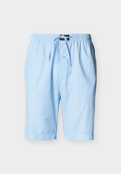 Φαρδιά κοντά σορτς με κατακόρυφες ρίγες σε ανοιχτό μπλε και λευκό, με ελαστική μέση, κουμπί μπροστά και κορδόνι για δέσιμο.
