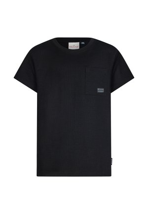 T-shirt nera a maniche corte realizzata in tessuto testurizzato, con taschino sul petto e etichetta con logo. Vestibilità rilassata e scollo rotondo.