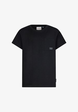 Zwart t-shirt met korte mouwen van textuurstof, met een borstzakje en een logo-label. Ontspannen pasvorm en ronde hals.