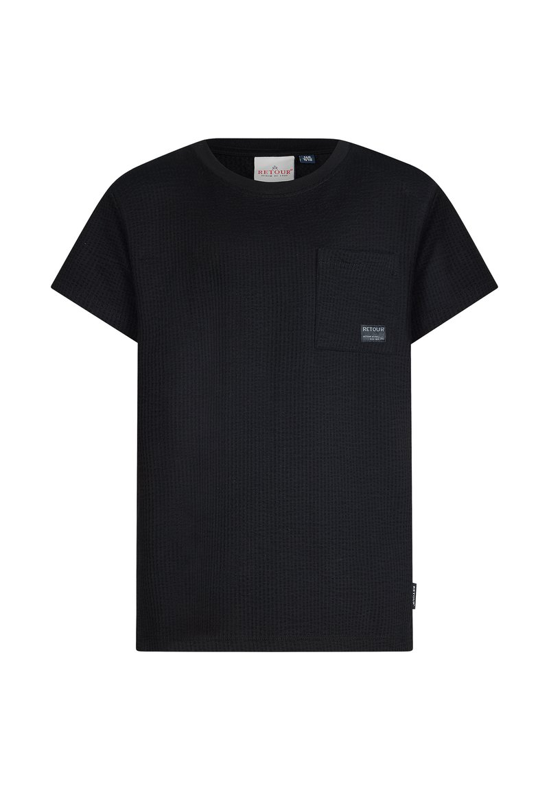 Czarny t-shirt z krótkim rękawem wykonany z teksturowanej tkaniny, z kieszonką na piersi z metką logo. Luźny fason i okrągły dekolt.