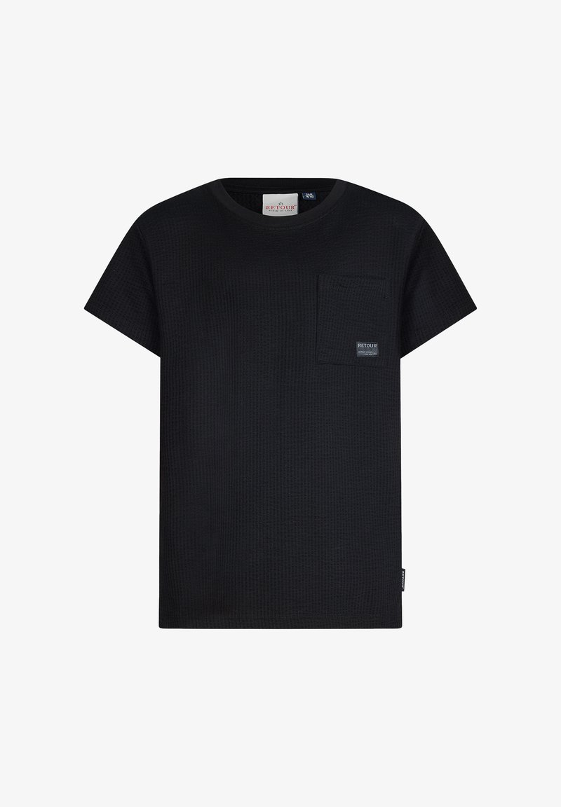 Schwarzes kurzärmeliges T-Shirt aus strukturiertem Stoff, mit einer Brusttasche mit Logopatch. Lässige Passform und Rundhalsausschnitt.