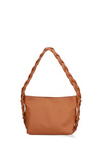 Borsa a spalla in pelle marrone con tracolla intrecciata, texture morbida, chiusura con zip e forma semplice e arrotondata. Nessun dettaglio hardware visibile.