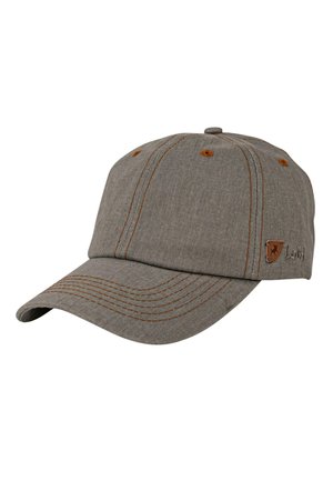 Gorra gris con visera curva, costuras naranjas contrastantes, seis orificios de ventilación y un pequeño parche con logo en el lateral.