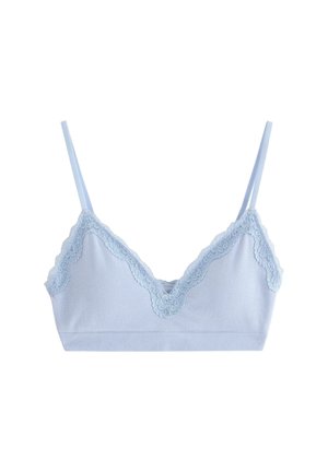 Ljusblå ribbad bralette med tunna justerbara axelband och vågformad blommig spetsdetalj längs V-ringningen och kanterna.