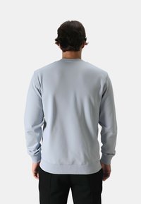 Felpa grigia chiara con scollatura rotonda, maniche lunghe, polsini e vita a coste; texture liscia senza motivi o hardware visibili.