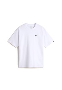 Hvid kortærmet bomulds T-shirt med et lille sort skateboard grafik på venstre bryst og logo detalje på ærmet.