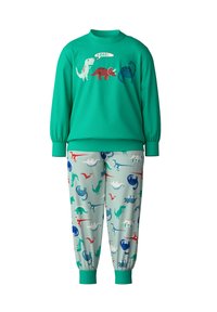 Groene sweatshirt met dinosaurusthema, voorzien van geribde manchetten en hals, gecombineerd met lichtblauwe broek met kleurrijke dinosaurustr prints en elastische manchetten.