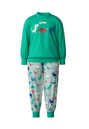 Grüner Dinosaurier-Print Sweatshirt mit gerippten Bündchen und Kragen, kombiniert mit hellblauen Pants, die mit bunten Dinosauriermotiven und elastischen Bündchen versehen sind.