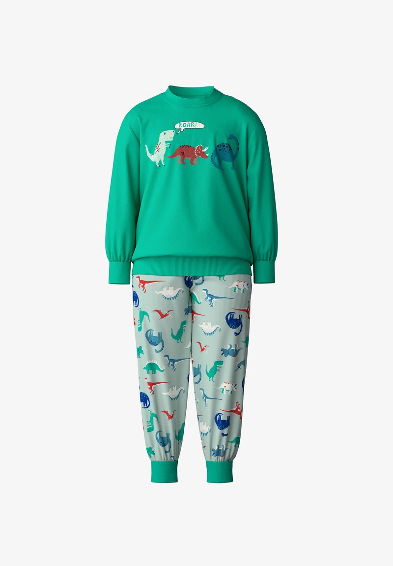 Groene sweatshirt met dinosaurusthema, voorzien van geribde manchetten en hals, gecombineerd met lichtblauwe broek met kleurrijke dinosaurustr prints en elastische manchetten.