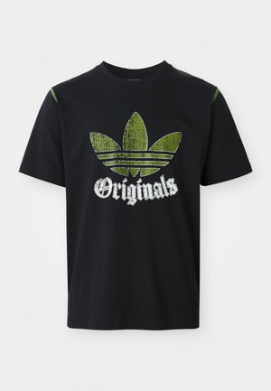 Fekete pamut póló, kopott zöld grafikával, három csíkkal és alatta a "Originals" felirattal fehér színben, kerek nyakkal és rövid ujjakkal.