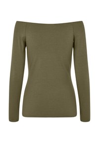 Oliivroheline ühekohaline pikkade varrukatega topp, millel on vormitud siluett ja sile, pehme tekstuur. Minimalistlik disain ilma mustriteta.