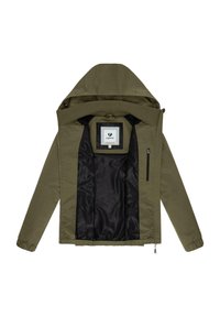 Giacca verde oliva con cappuccio, dotata di un rivestimento interno nero, chiusura frontale con zip e tasche laterali. Il tessuto ha una superficie liscia.