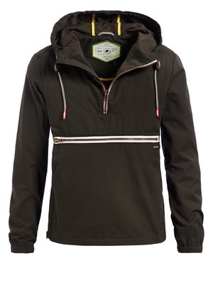 Ciemnooliwkowa bluza z kapturem, z suwakiem na kieszeni na piersi, półzamek i regulowane sznurki przy kapturze.