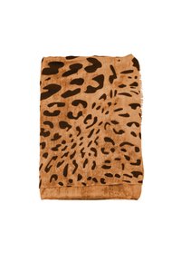 Sciarpa con stampa animale realizzata in un morbido tessuto testurizzato nelle tonalità marroni terrose, con chiazzature leopardate marroni scure, rifinita con frange.