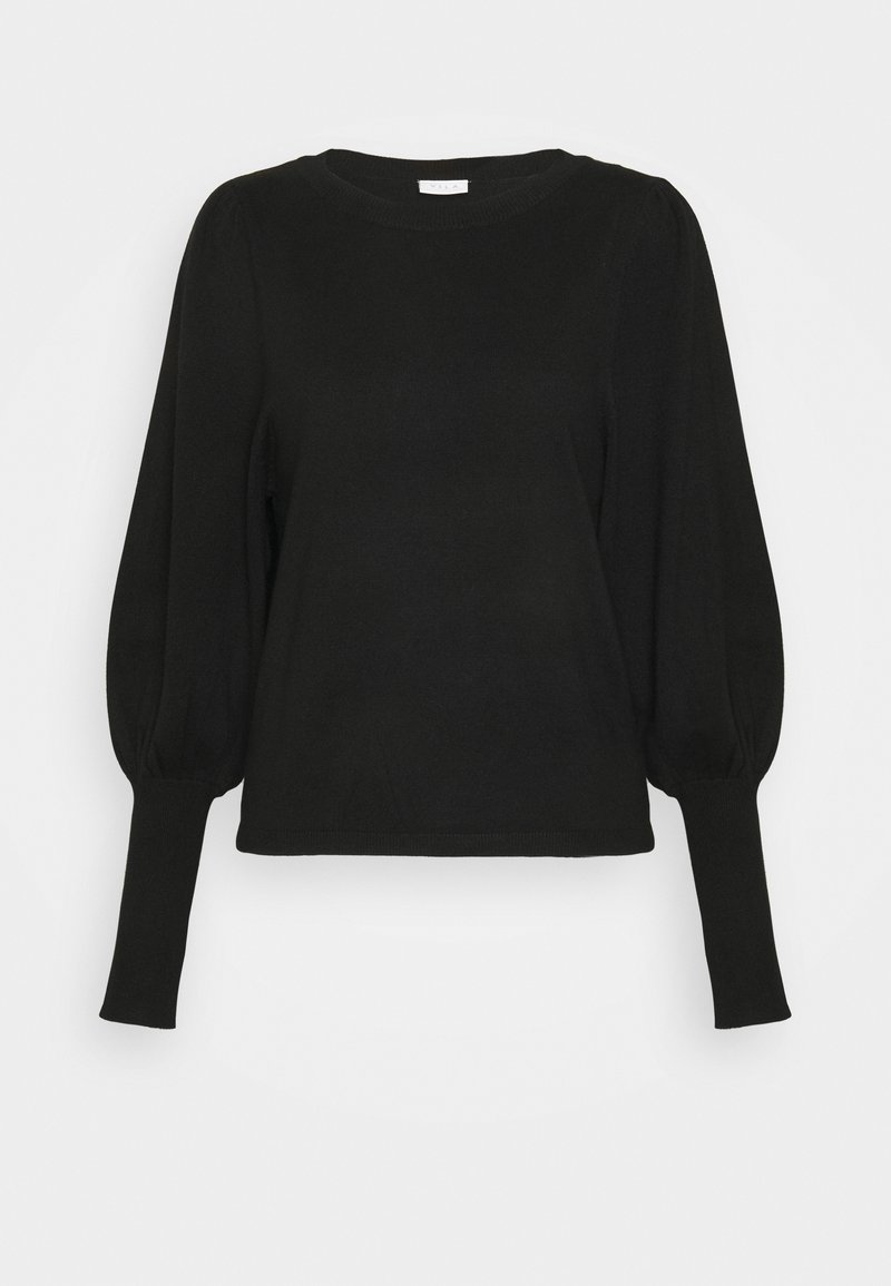 Pull noir à manches longues avec emmanchures bouffantes sur le haut des manches et poignets ajustés, doté d'un col rond et d'un ourlet droit.