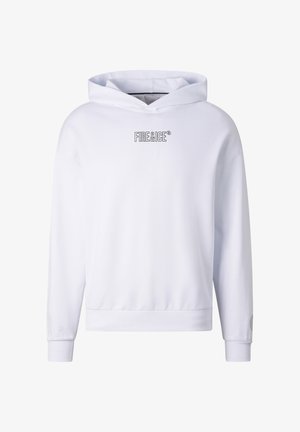 White hoodie with "FIRE&ICE" logo centered on chest, featuring long sleeves, ribbed cuffs, and a front-facing hood.