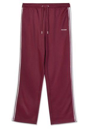 Bordo sporta bikses ar baltām sānu svītrām, elastīgu jostasvietu un aukliņu. Izgatavotas no gludas auduma, ar logo druku priekšā.