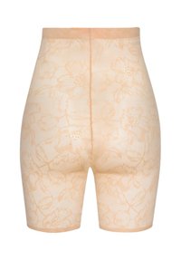 Beige krajkové tvarující šortky s květinovým vzorem, elastický pas, délka do poloviny stehna a jemná textura. Vhodné pro vrstvení pod oblečení.