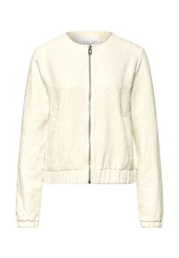 Veste blanche crème pour femme avec motif floral en relief, fermeture éclair à l'avant, col rond, manches longues et ourlet et poignets élastiqués.