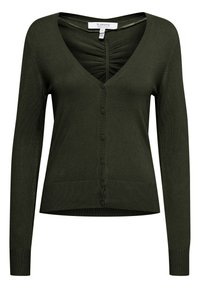 Tmavě zelený kardigan s hlubokým výstřihem do V, dlouhými rukávy a zapínáním na přední knoflíky. Má žebrovanou strukturu a zdobení podél knoflíků.