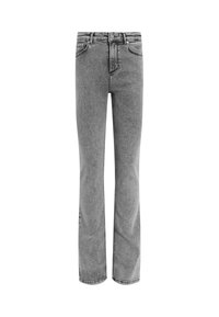 Jeans grigi alti in vita con un design a gamba dritta, realizzati in denim, caratterizzati da una finitura pulita e dettagli di cucitura minimali.