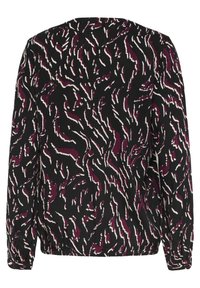 Zwarte stoffen blouse met een golvend patroon in wit en diep bordeauxrood. Lange mouwen, elastische taille en ronde halslijn zichtbaar.