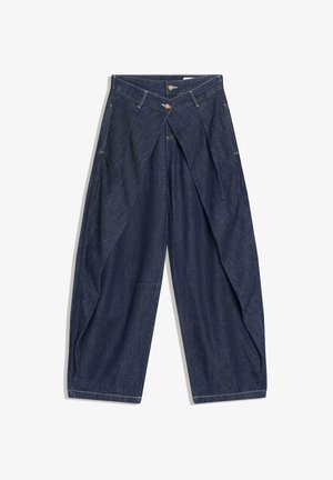 Mørkeblå vidde bukser i denim med folder foran, bæltestropper, sidelommer og dobbelt knaplukning i taljen.