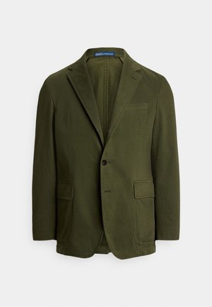 Olive green blazer, cotton fabric, single button closure, notch lapel, two front pockets, and chest pocket. Simple, structured design.