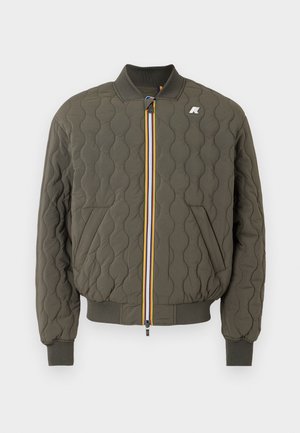 Bomber bunda v olivovo zelenej farbe, prešívaná textúra, rebrované manžety a lem, predné vrecká, s multicolorným zipsom ako akcent.