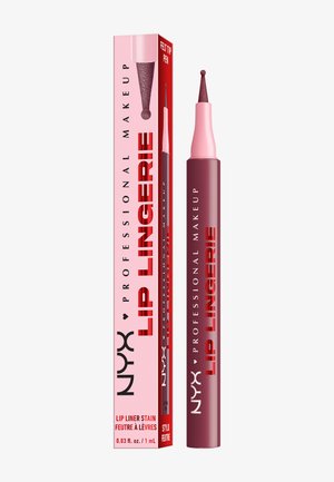 NYX Lip Lingerie Lippenkonturenstift in einer dunkelrosa Hülse mit Filzspitze; Verpackung zeigt fetten schwarzen Text auf rosa Hintergrund.