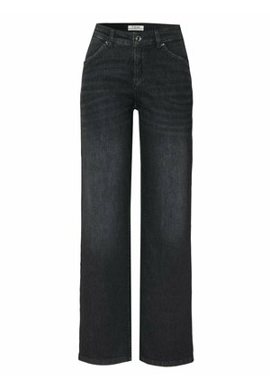 Schwarze Denim-Jeans mit weiter Beinform, hohen Taillengurt, Fronttaschen und dezentem Verblassungsdesign. Knopfverschluss vorne.