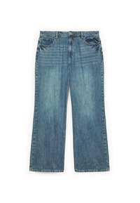 Jeans a gamba larga in denim blu chiaro. Presentano un design a cinque tasche standard, chiusura con zip e una leggera sfumatura per un aspetto texturizzato.