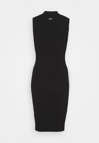 Robe en tricot noire avec un col haut et sans manches, silhouette ajustée, longueur midi, texture lisse, logo subtil au dos.