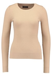 Pull beige à manches longues à côtes avec un col rond. Texture douce, coupe ajustée et ourlet droit.