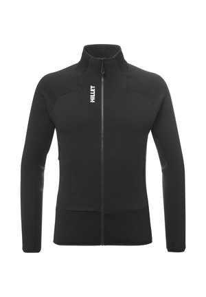 Veste en polaire noire zippée avec col haut, présentant une texture lisse, un design ajusté et un logo bien visible sur le devant en haut à gauche.
