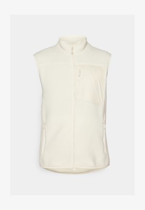 Fleecevest i off-white, med høy krage, frontlås og en brystlomme. To sidelommer med glidelås fullfører designet.