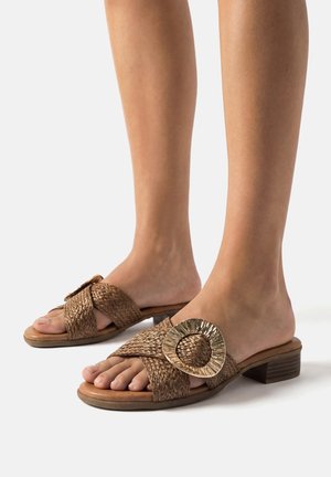 Pieds portant des sandales tressées marron avec des talons carrés bas et de grandes boucles circulaires métalliques sur fond blanc.