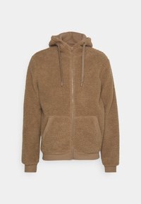 Felpa con cappuccio marrone in pile, con zip frontale, cappuccio foderato, lacci e due tasche frontali. I dettagli a coste sui polsini e sull'orlo completano il design.